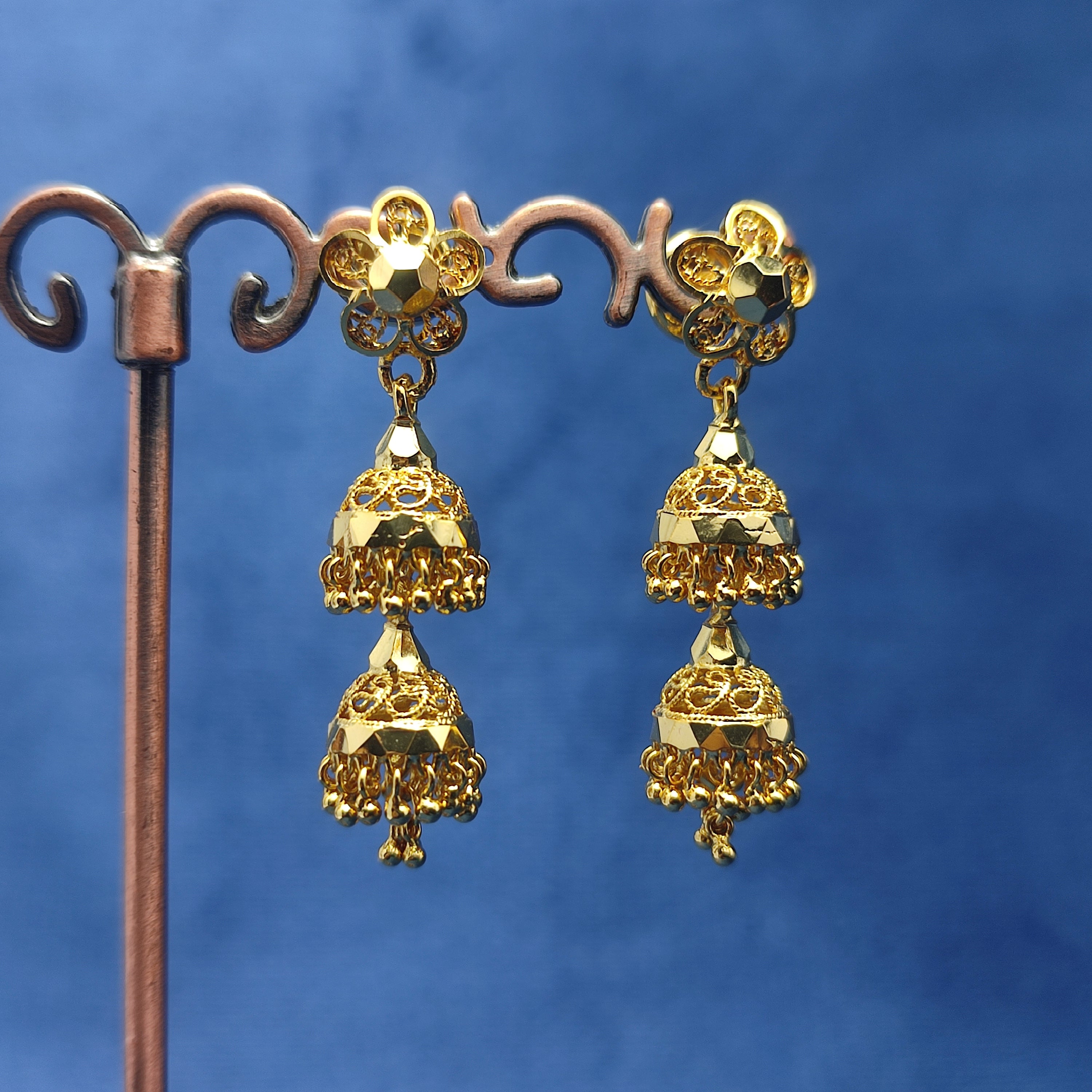 Triple Layer Gold Jhumka Earrings – Elegant & Lightweight