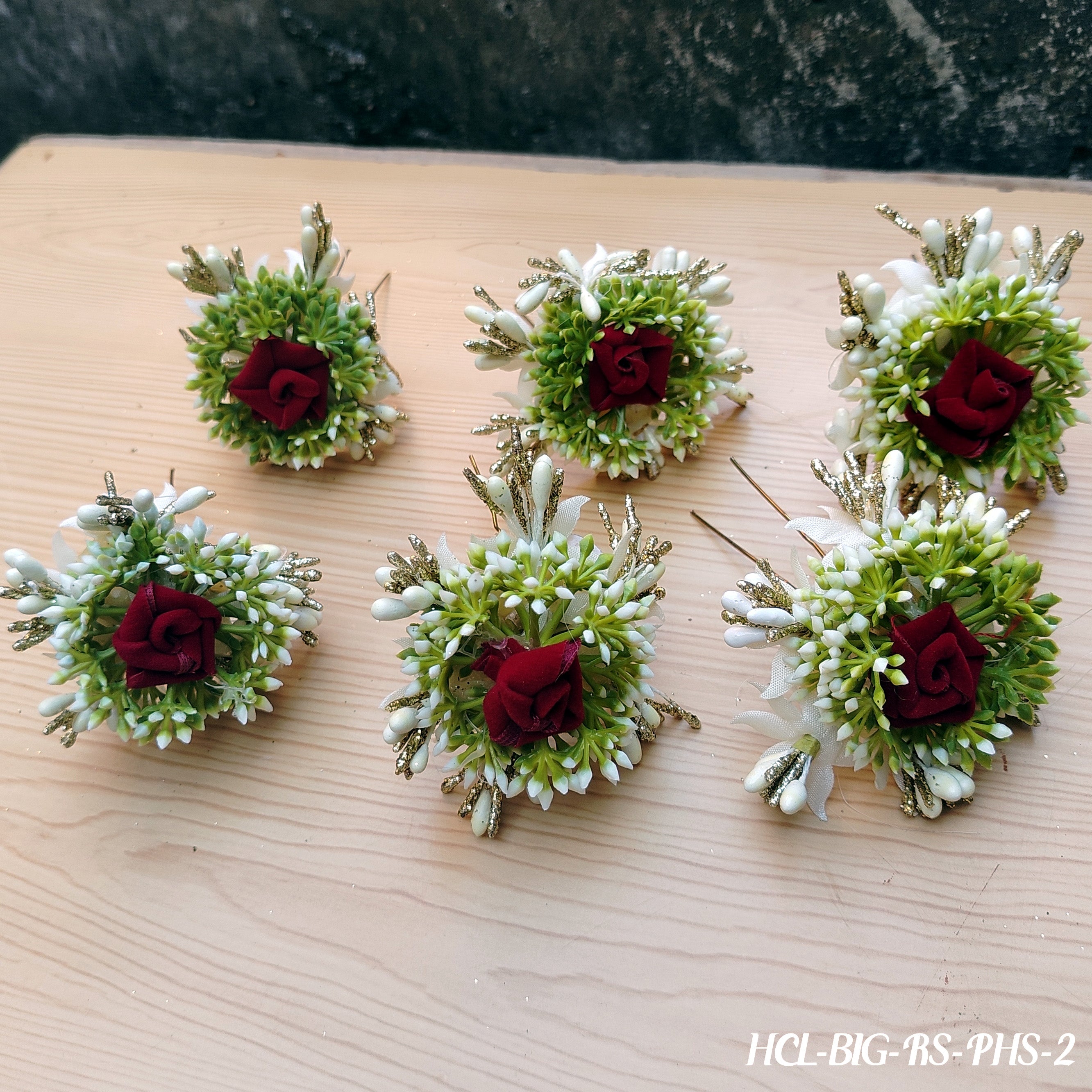Maroon Rose & Green Floral Hair Clips - Set of 6
