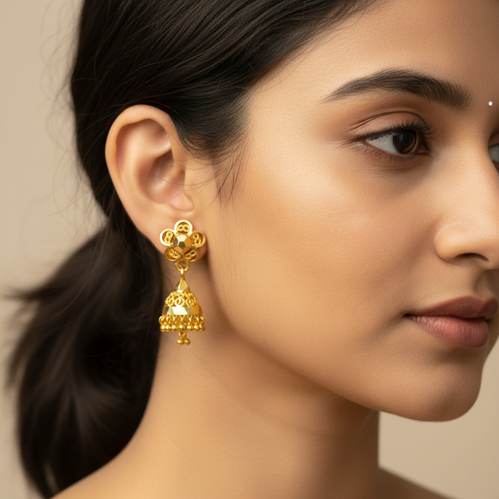 Gold-Plated Floral Jhumka Earrings – Festive Traditional Style