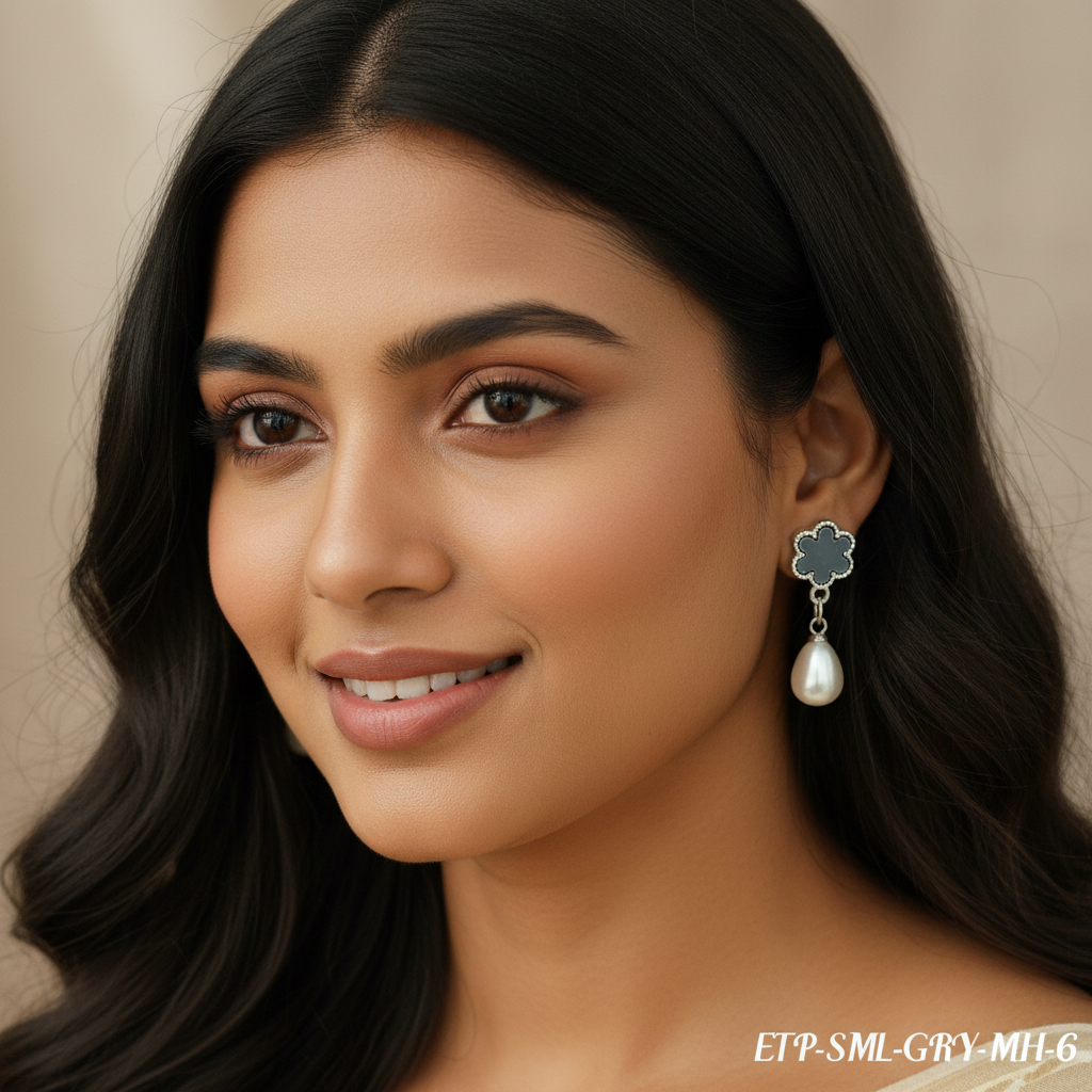 Grey Floral Pearl Drop Earrings