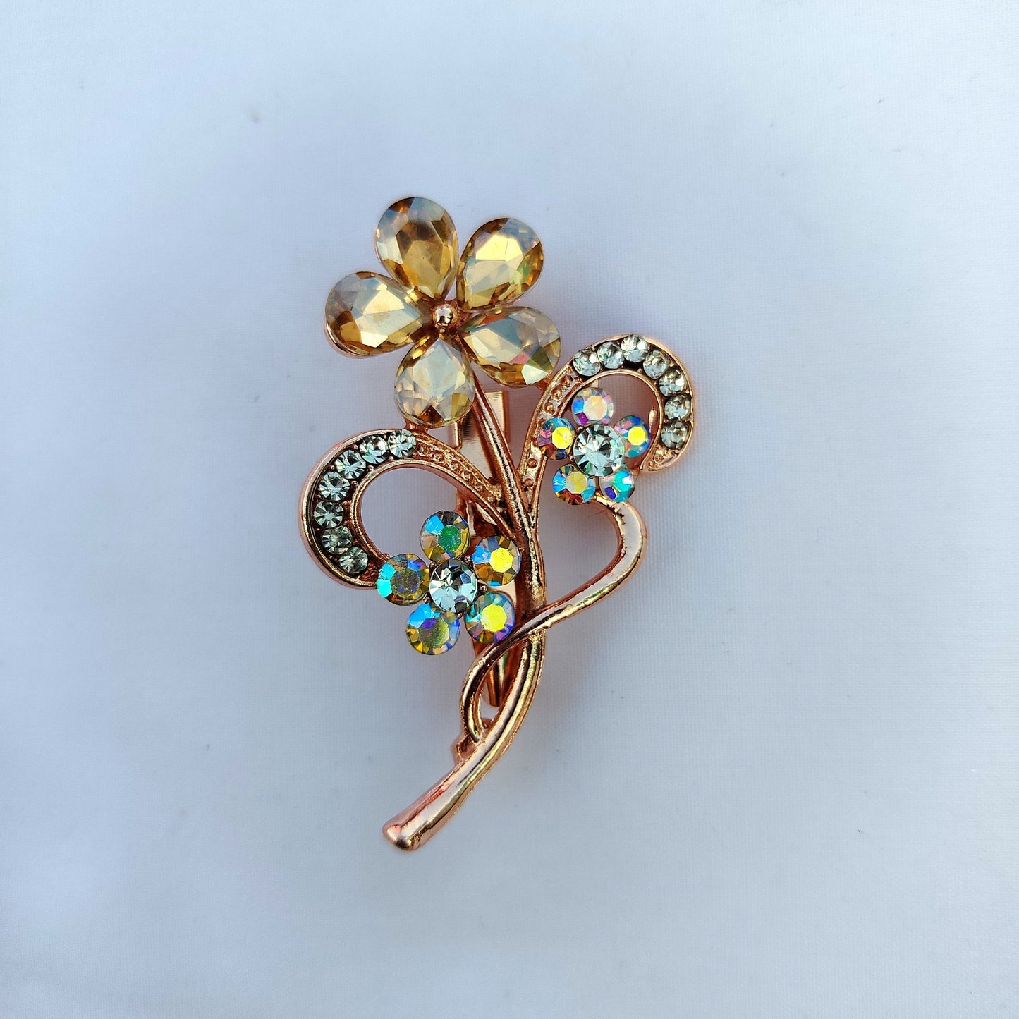 Champagne Crystal Scrollwork Saree Clip - Rose Gold Floral Brooch with AB Rhinestones