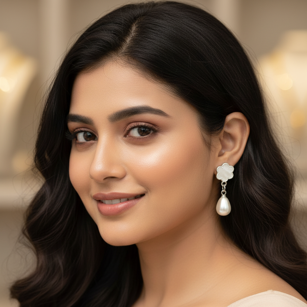 White Floral Pearl Drop Earrings