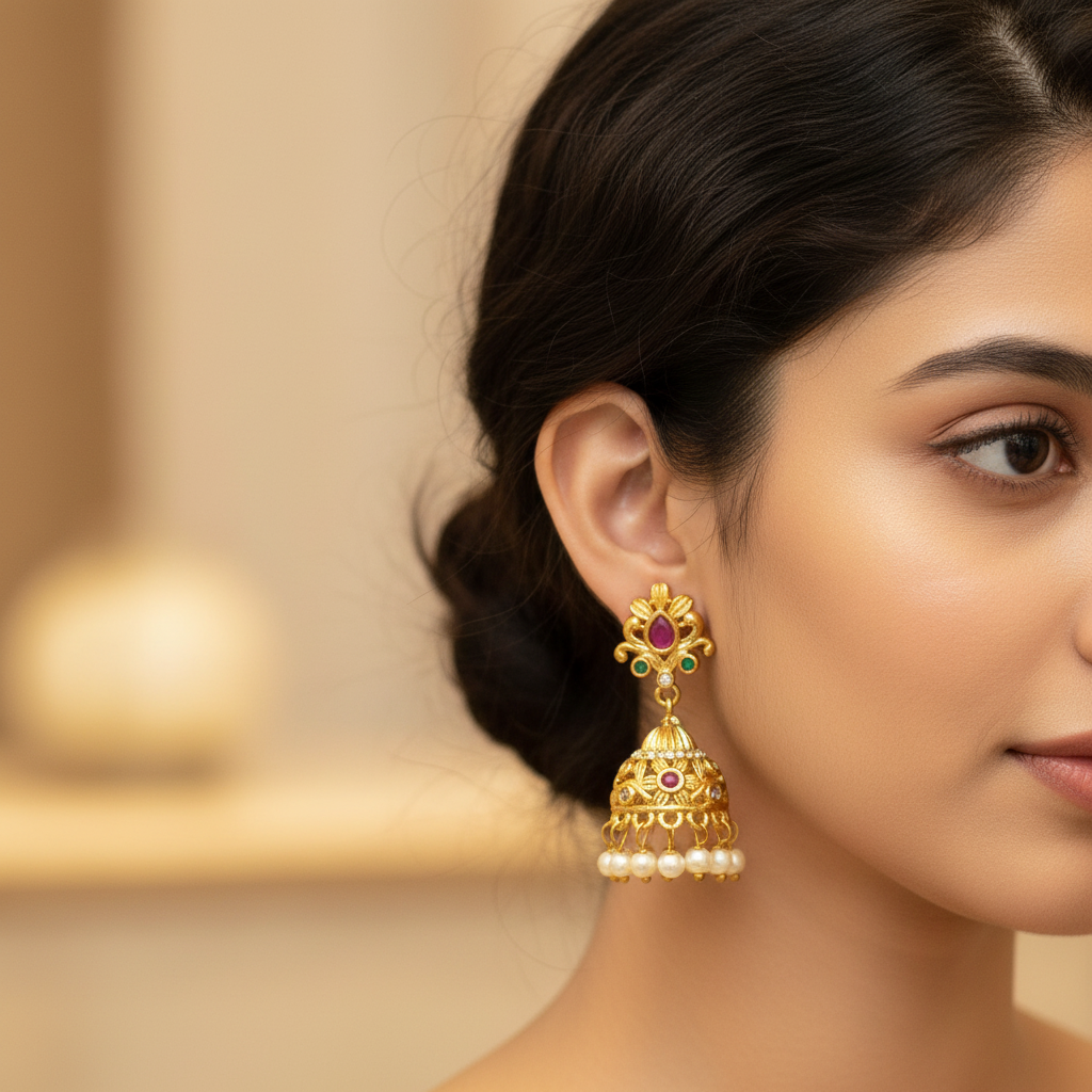 Radiant gold-toned jhumkas with pearl drops