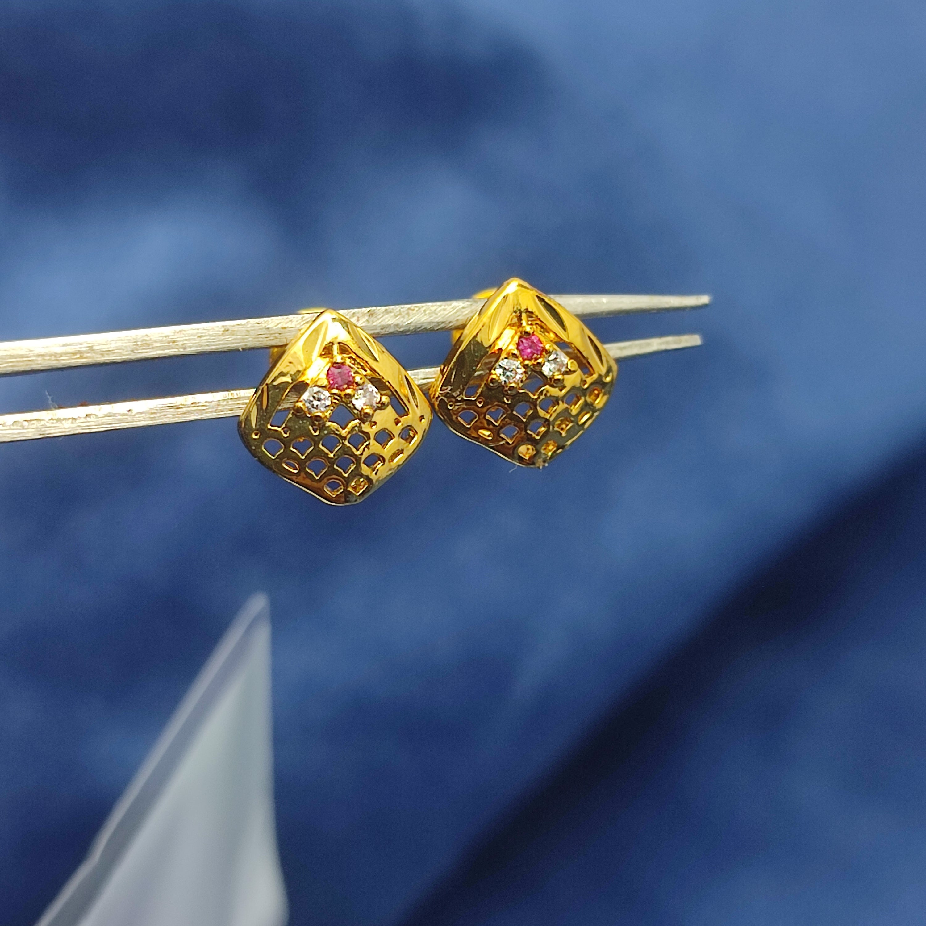 Square gold plated stud earrings with tiny red and white stones