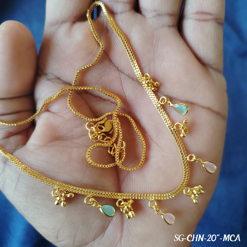 Pure Gold plated 20 inches chain with small colorful drop pendants and tiny floral charms