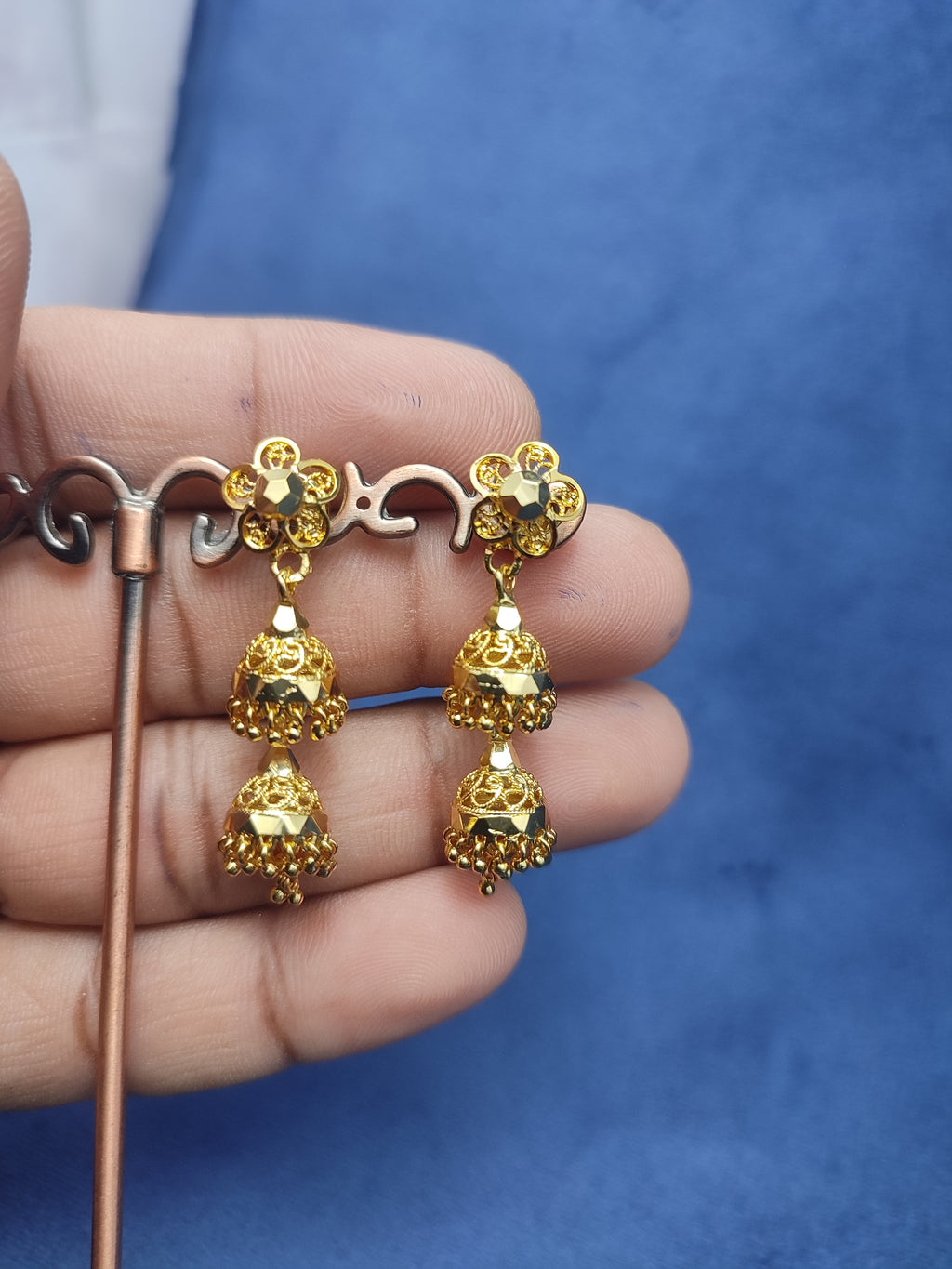 Triple Layer Gold Jhumka Earrings – Elegant & Lightweight