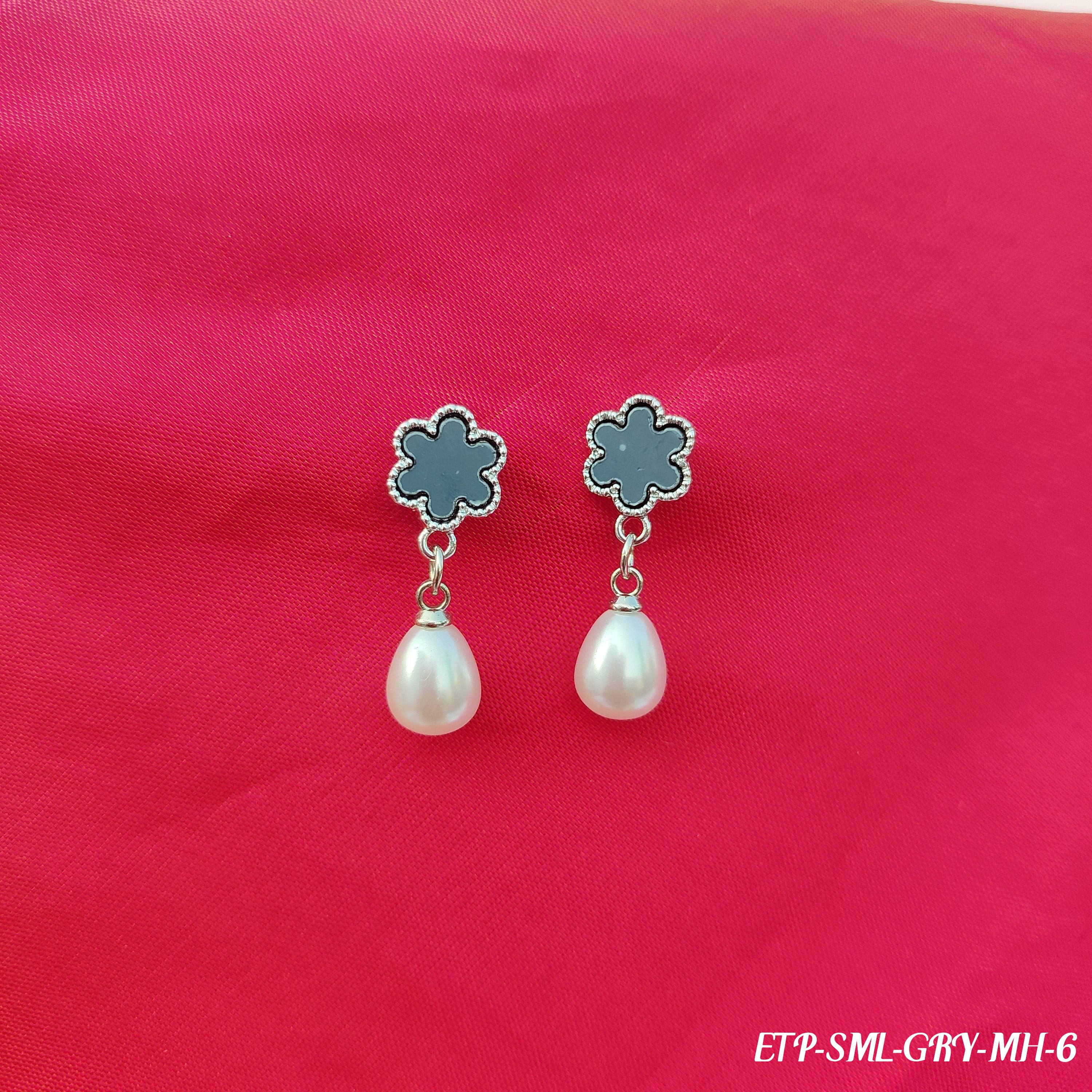Grey Floral Pearl Drop Earrings
