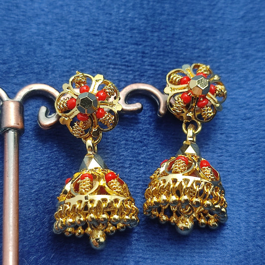 Gold-plated red beaded jhumka earrings