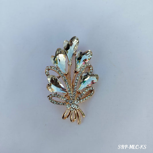 Aqua Crystal Floral Saree Pin Brooch - Gold Tone Rhinestone Embellished