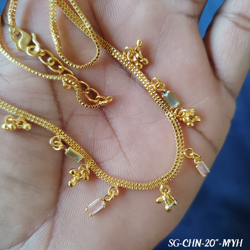 Pure Gold plated 20 inches chain with small colorful square shape drop pendants and tiny floral charms