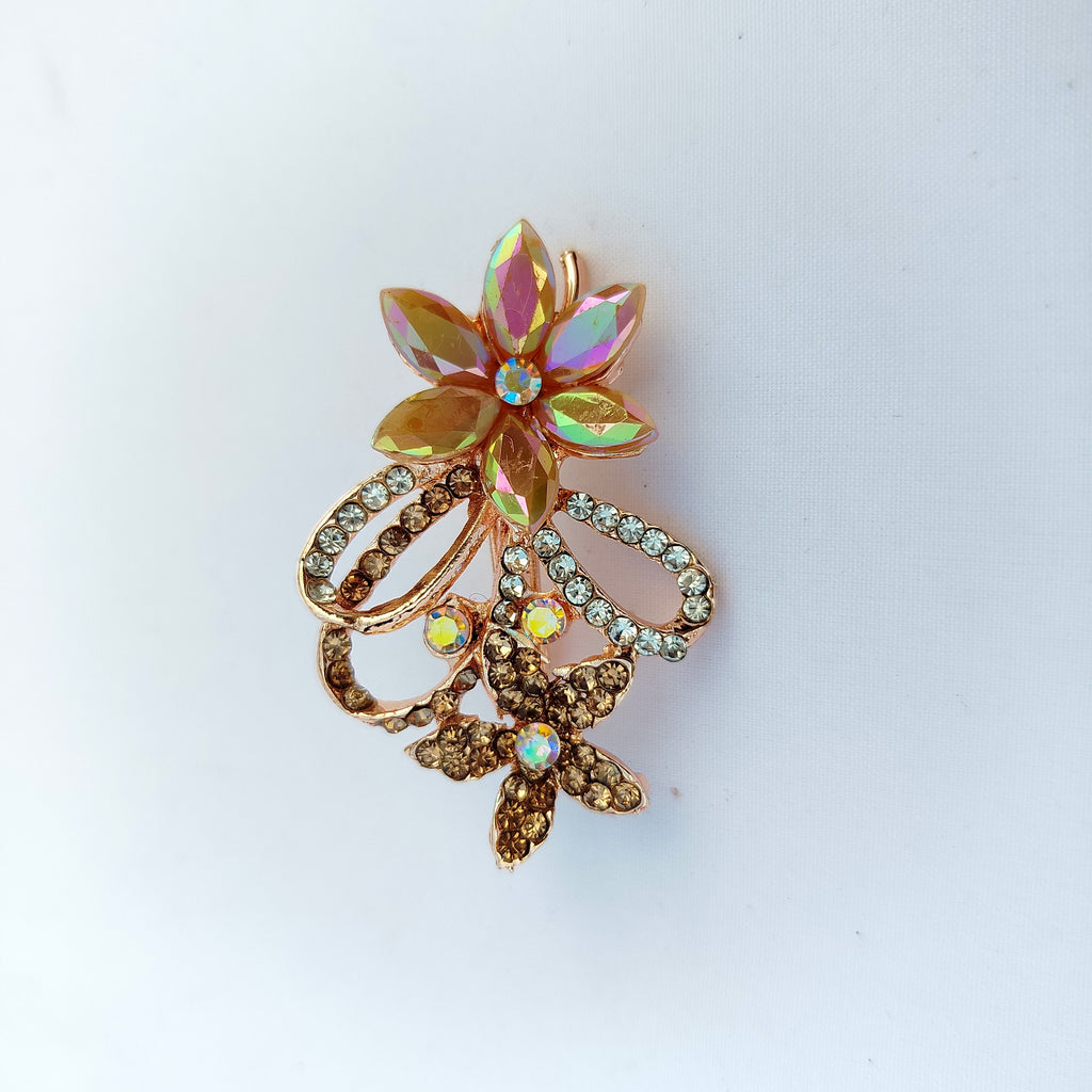 Amber Iridescent Floral Scrollwork Saree Pin - Rose Gold Rhinestone Brooch