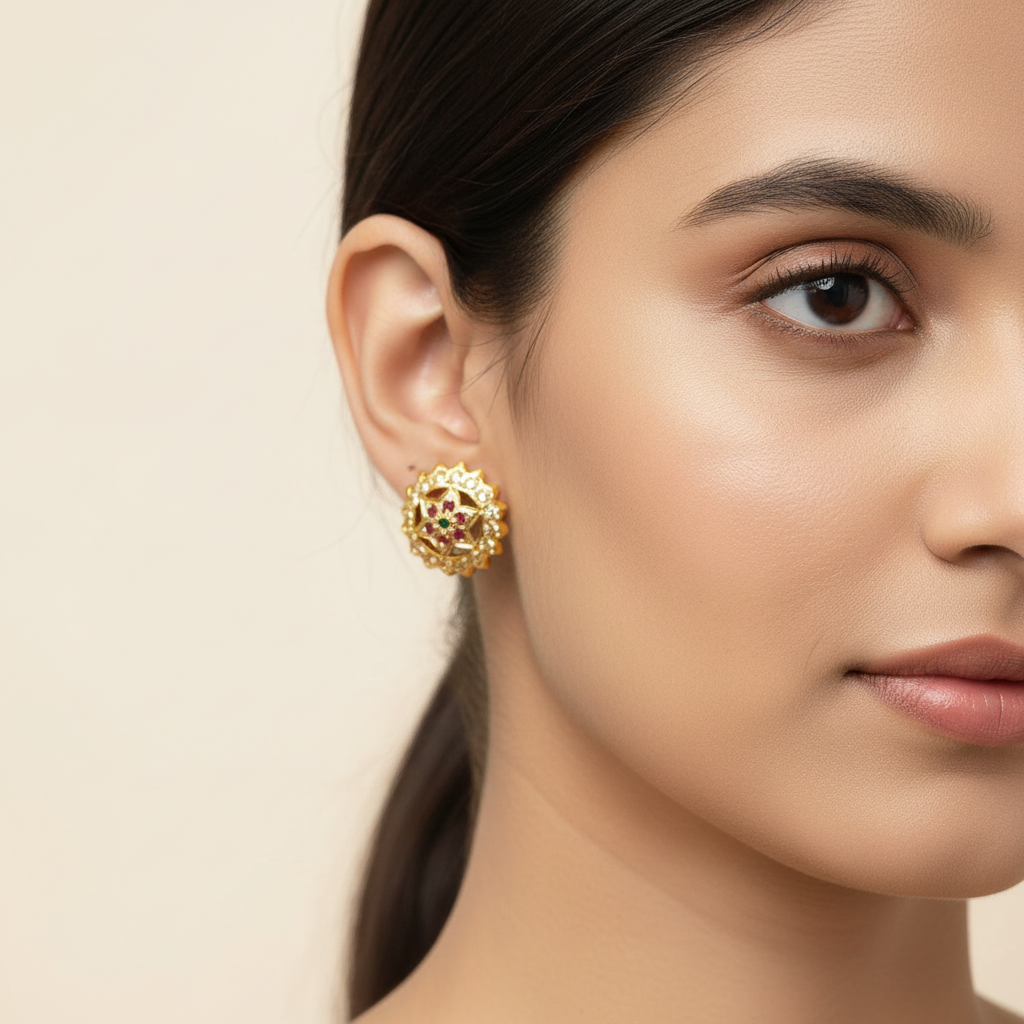 Elegant floral stud earrings  sparkling white stones and rich ruby-red stone and green stone.