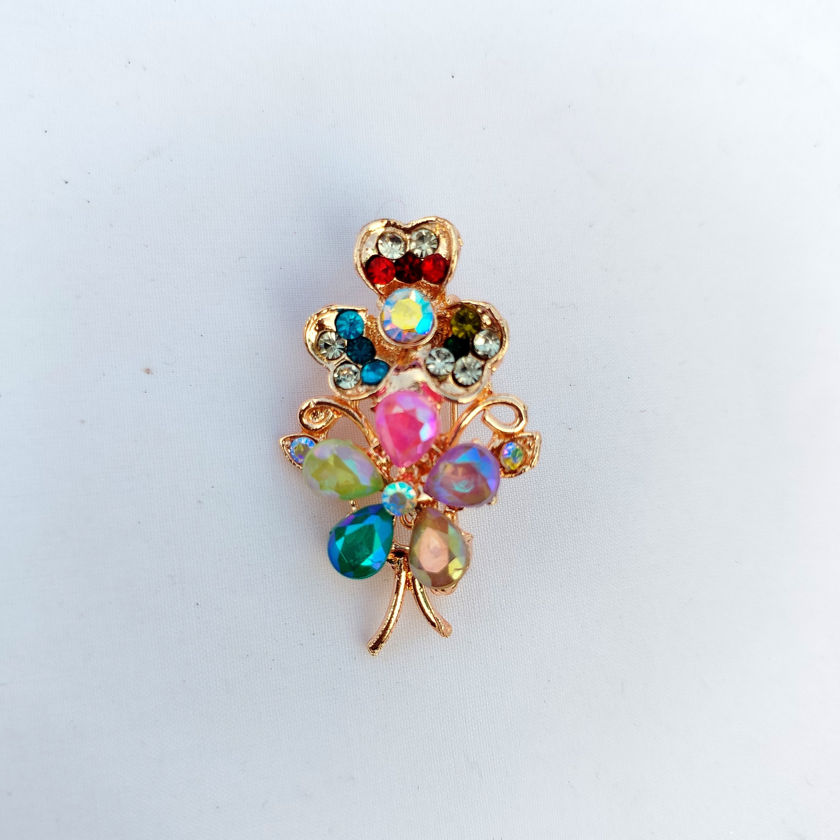 Multi-Color Heart Floral Saree Pin - Rainbow Crystal Rhinestone Brooch
