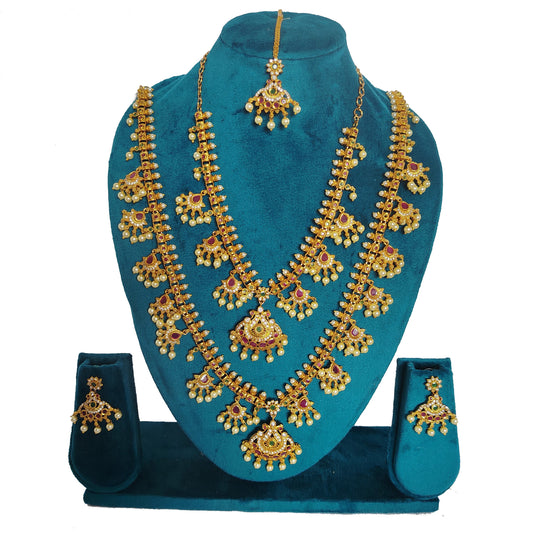 Premium Gold Plated Bridal Necklace Combo Set with Earrings & Maang Tikka - Complete Temple Jewelry Collection