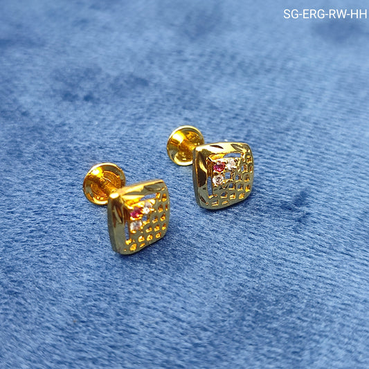 Square gold plated stud earrings with tiny red and white stones