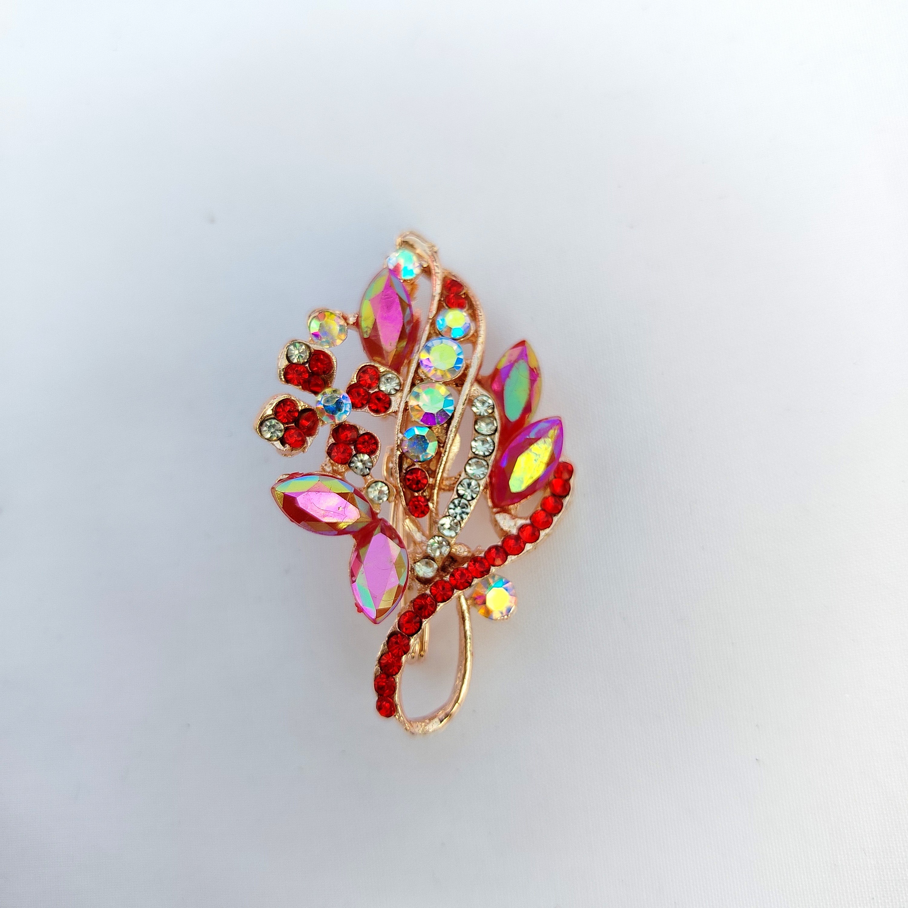 Red Iridescent Leaf Saree Clip - AB Crystal Rhinestone Brooch