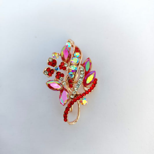 Red Iridescent Leaf Saree Clip - AB Crystal Rhinestone Brooch