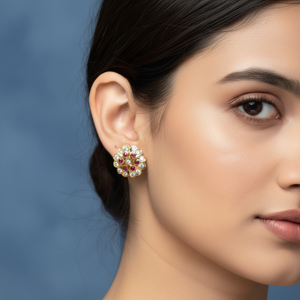 Radiant floral earrings with sparkling white stones and rich ruby-red stones