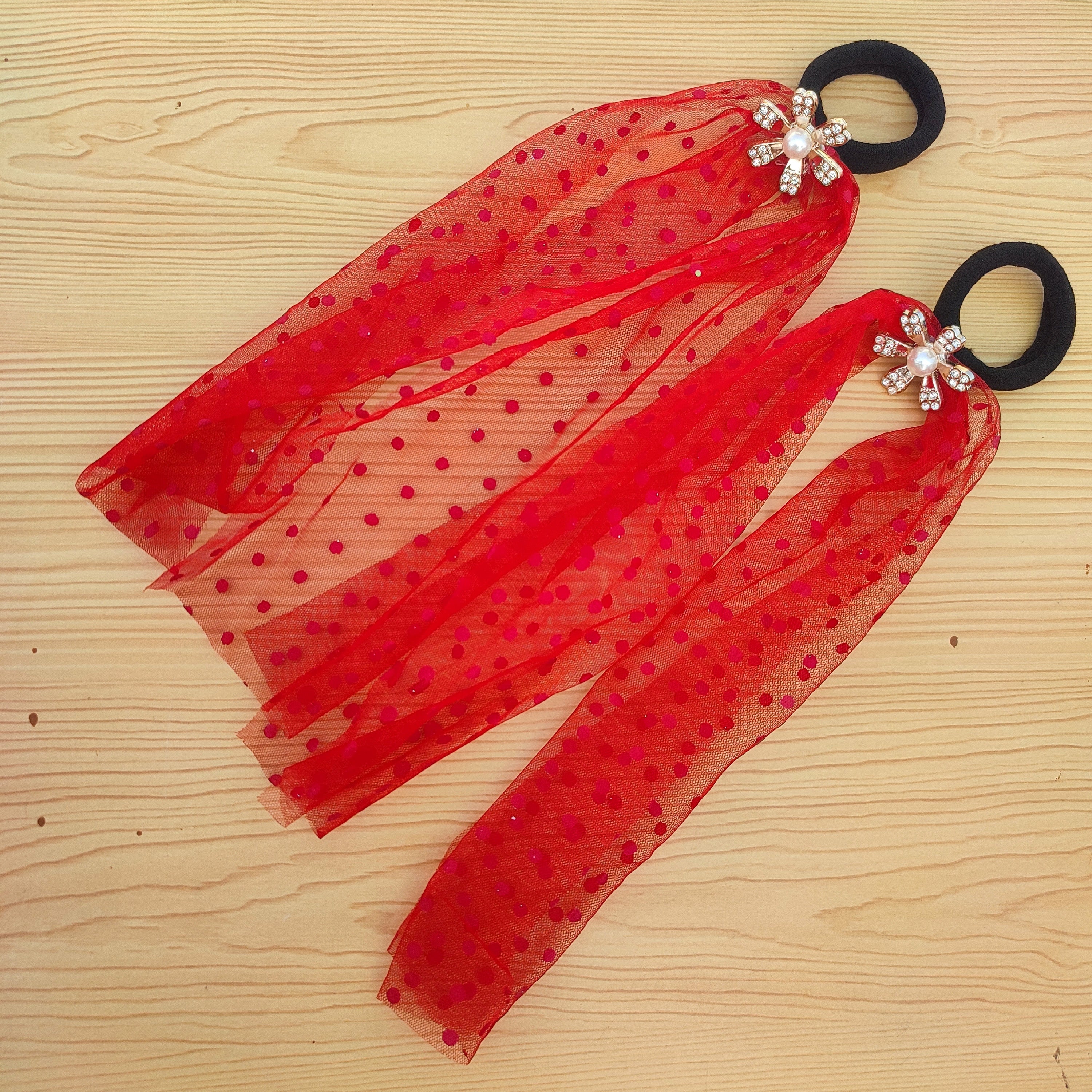 Polka Dot Mesh Hair Bands with Crystal Flower