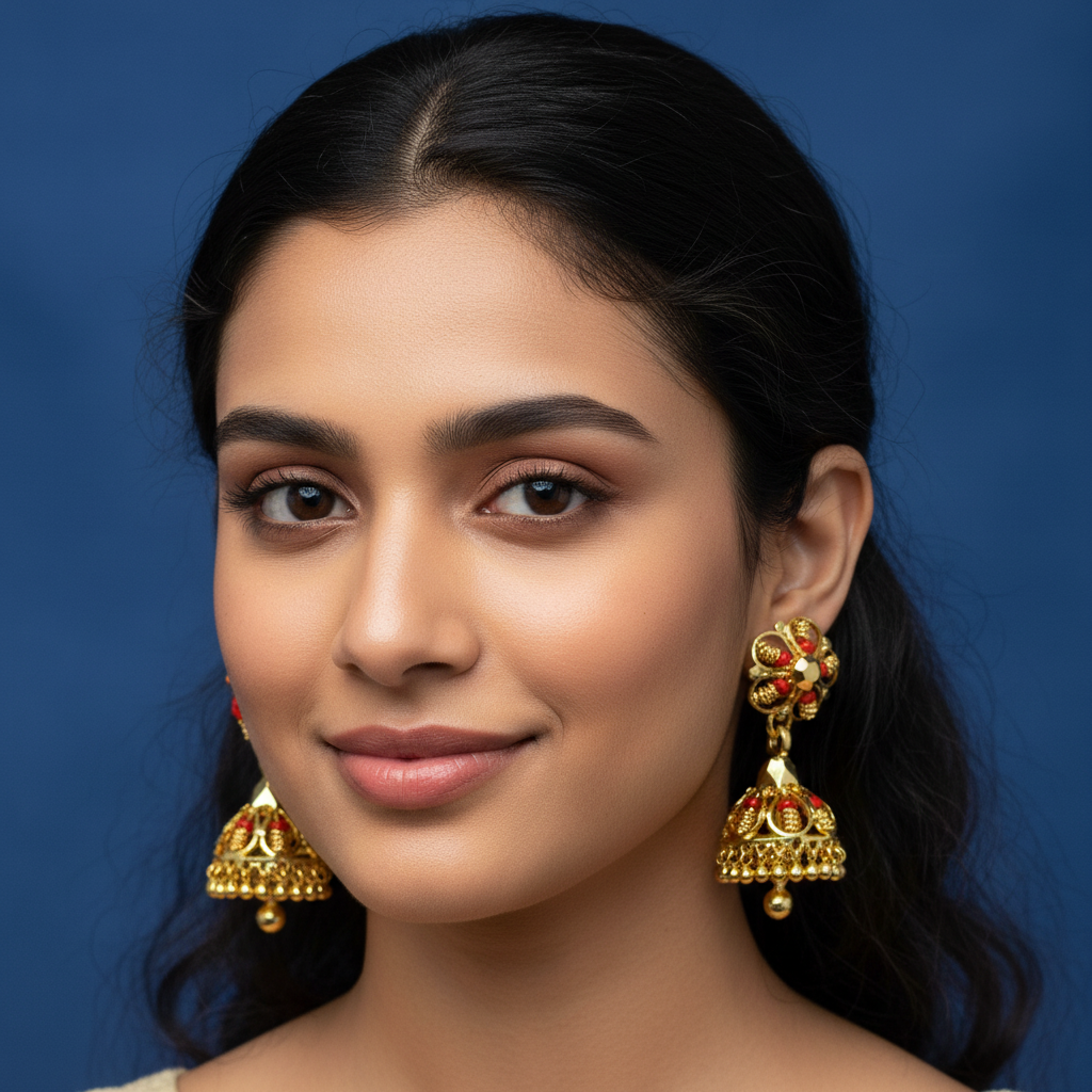 Gold-plated red beaded jhumka earrings