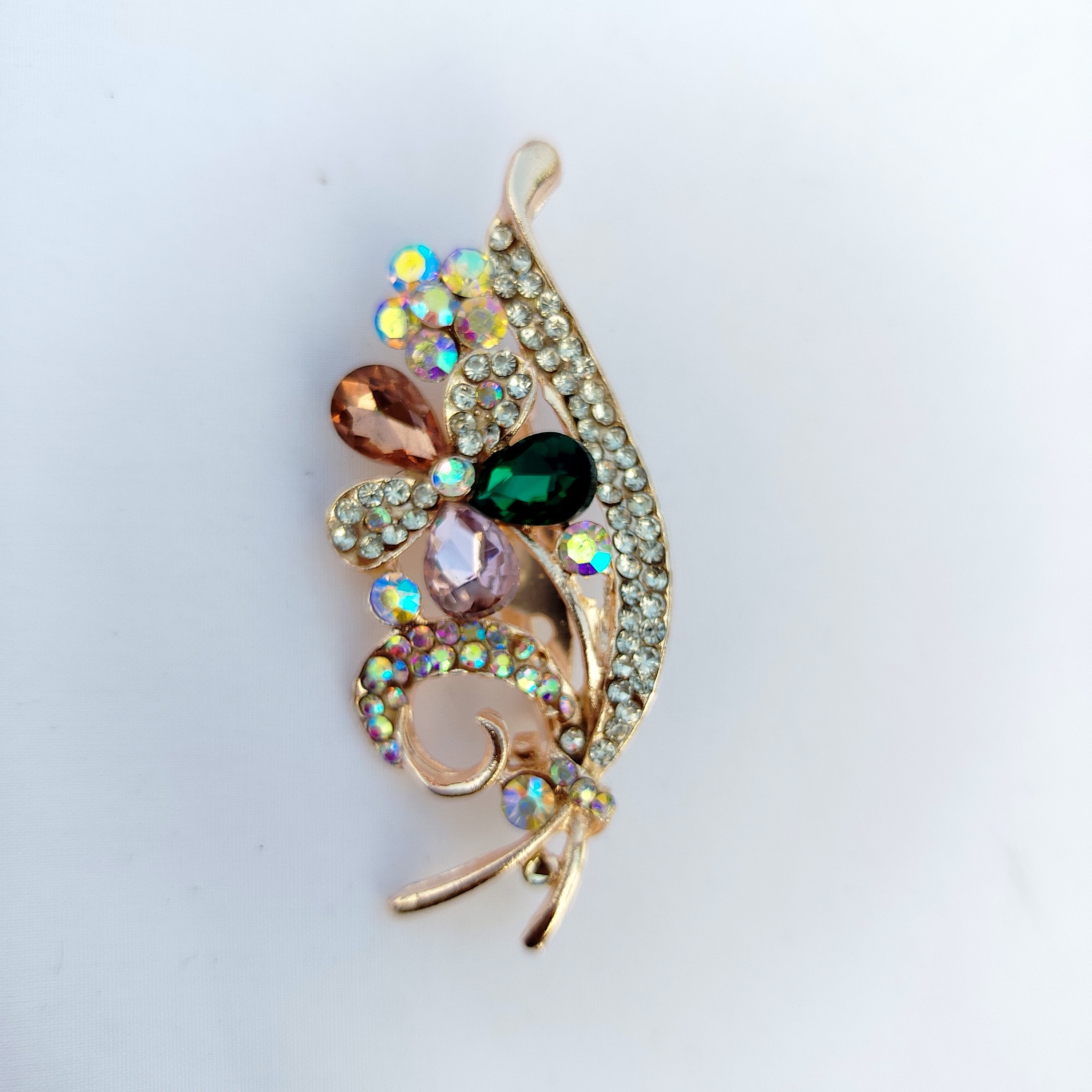 Multi-Color Leaf Scrollwork Saree Pin - Pastel Crystal Rhinestone Brooch