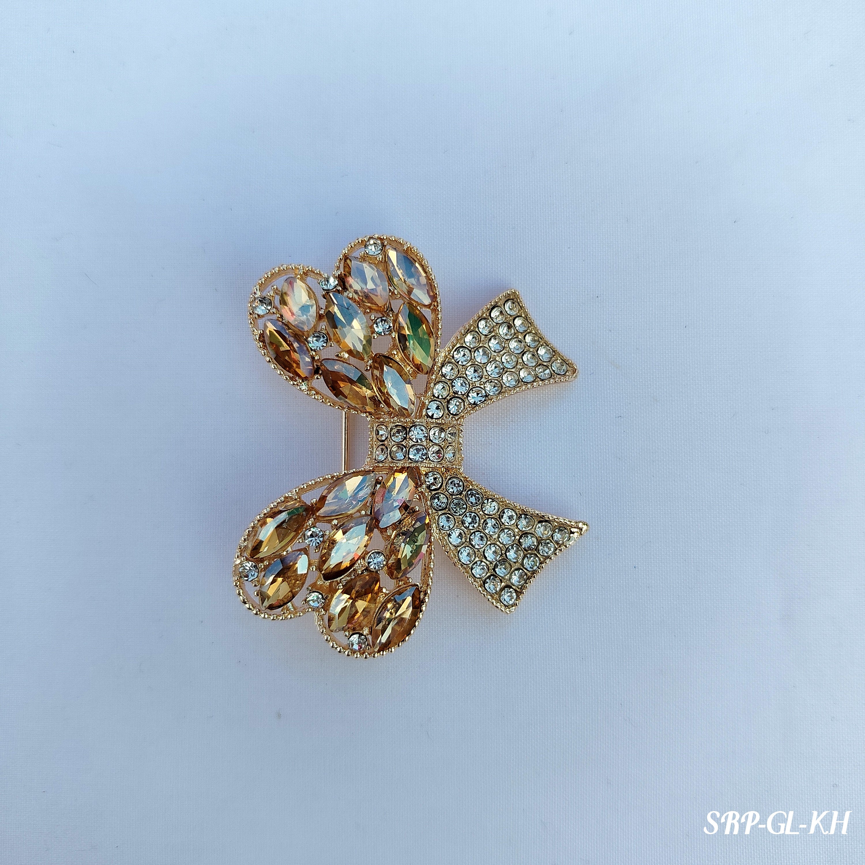 Champagne Crystal Butterfly Saree Clip - Gold Tone Rhinestone Brooch