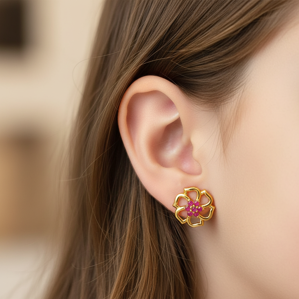 Gold plated floral earrings with pink stone