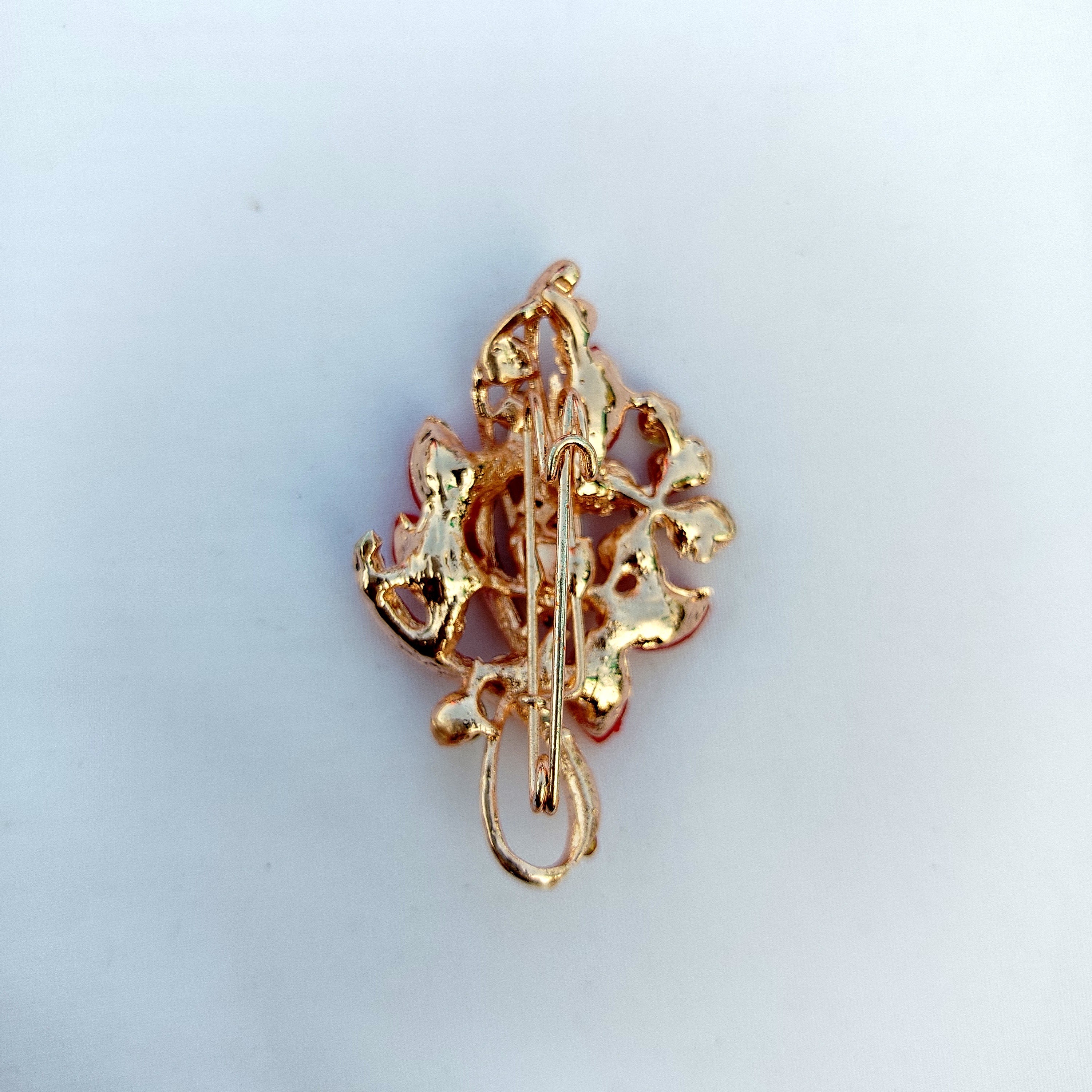 Red Iridescent Leaf Saree Clip - AB Crystal Rhinestone Brooch