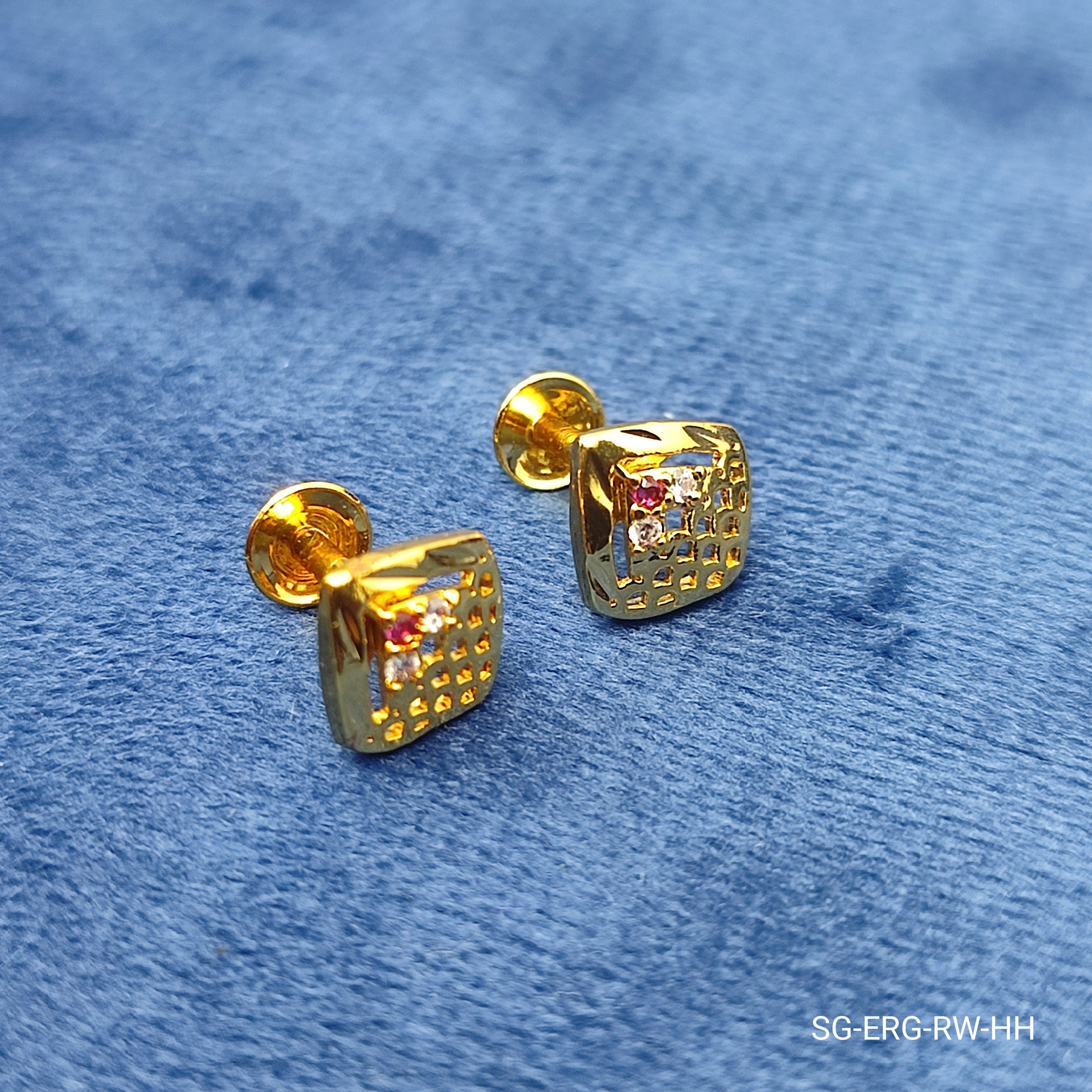 Square gold plated stud earrings with tiny red and white stones