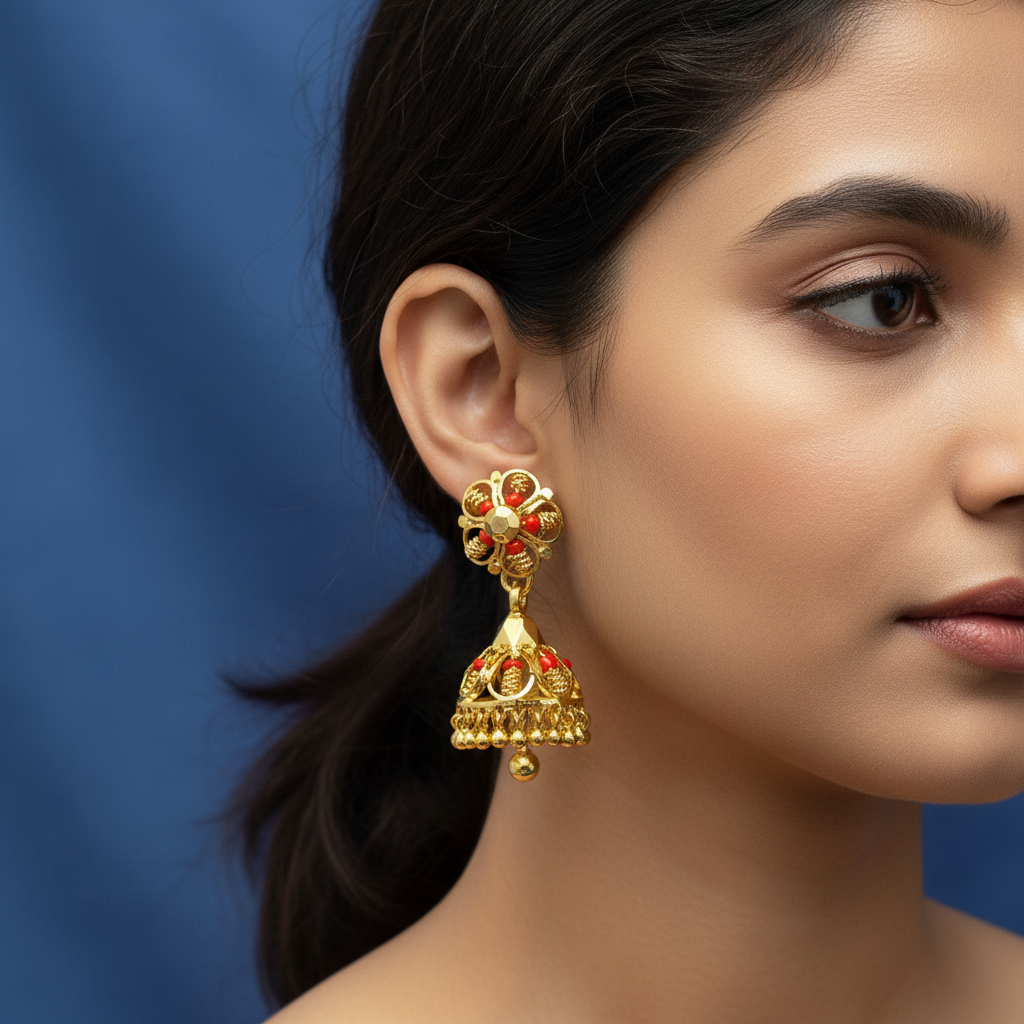 Gold-plated red beaded jhumka earrings