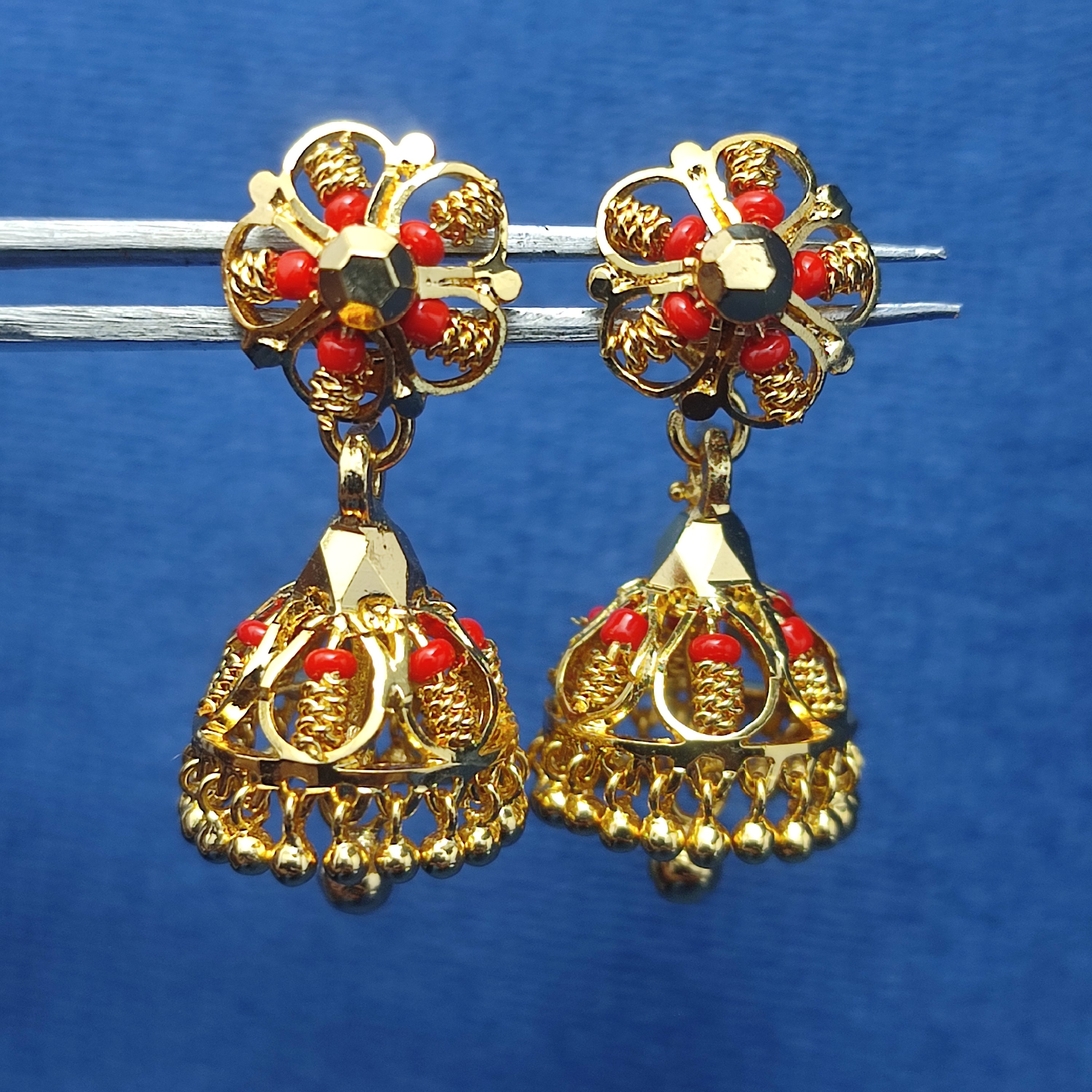 Gold-plated red beaded jhumka earrings
