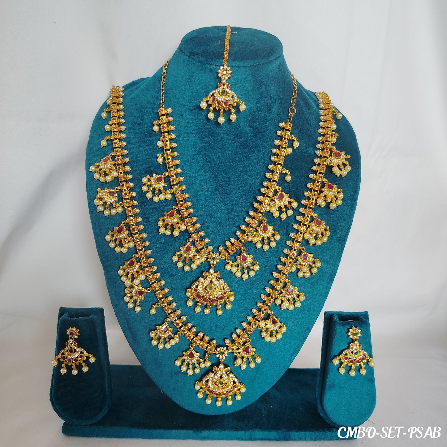Premium Gold Plated Bridal Necklace Combo Set with Earrings & Maang Tikka - Complete Temple Jewelry Collection