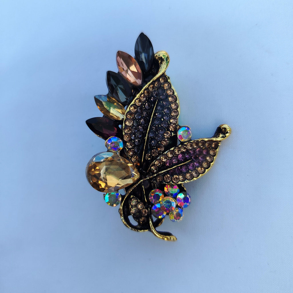 Vintage Botanical Saree Pin - Mixed Jewel Tone Crystal Rhinestone Brooch