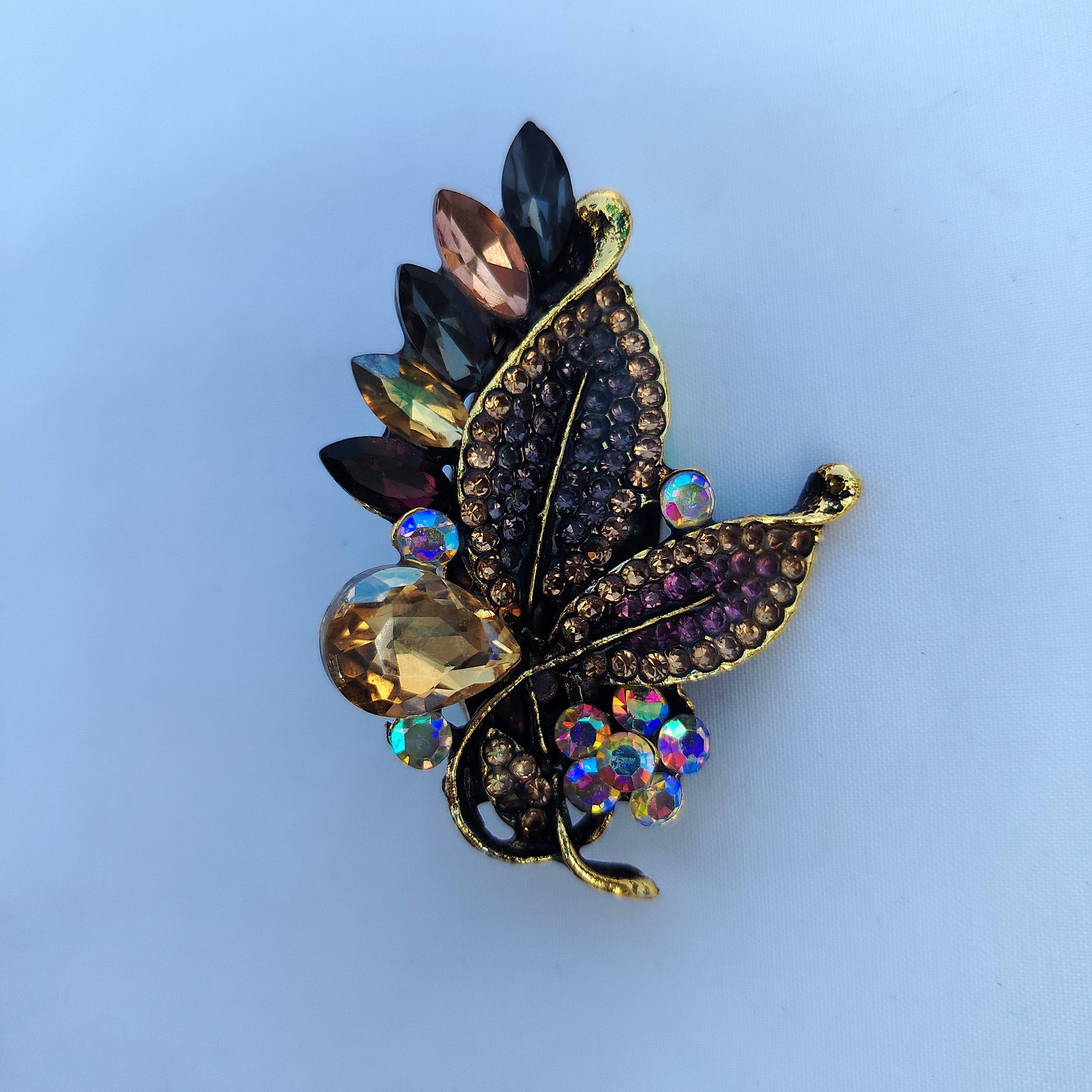 Vintage Botanical Saree Pin - Mixed Jewel Tone Crystal Rhinestone Brooch