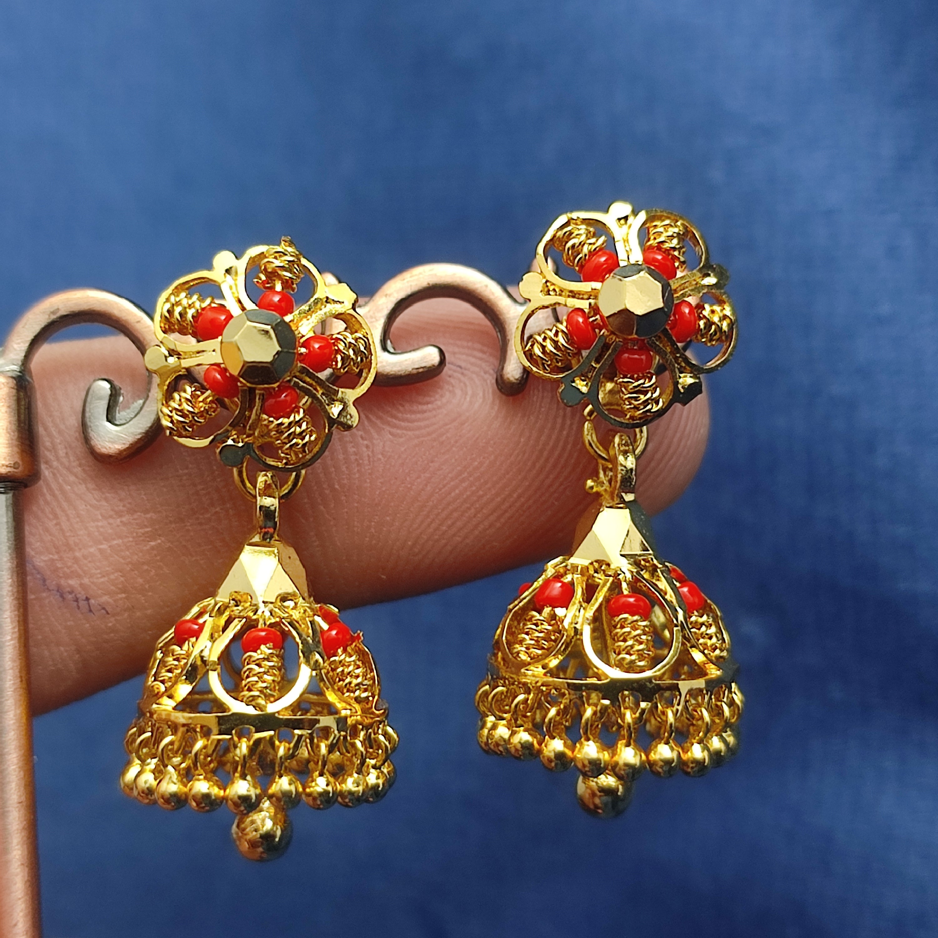 Gold-plated red beaded jhumka earrings