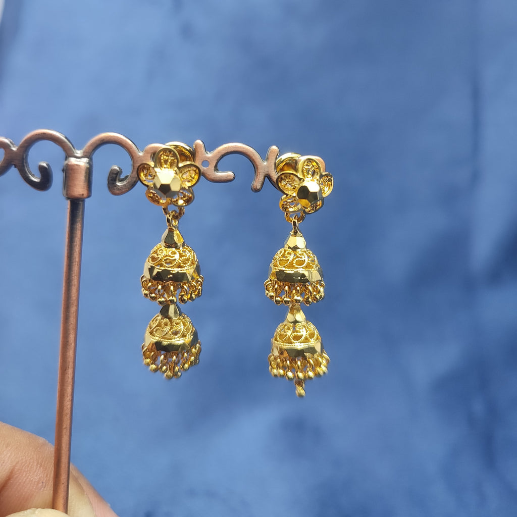 Triple Layer Gold Jhumka Earrings – Elegant & Lightweight