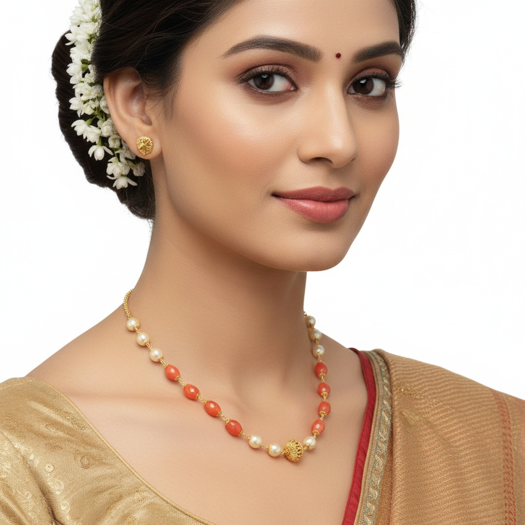 Woman wearing coral and pearl necklace