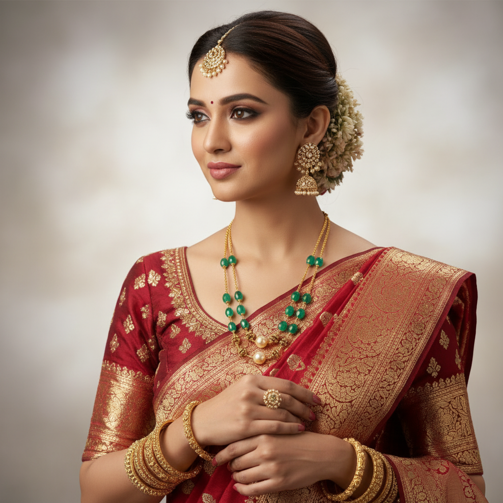 Woman wearing emerald green and pearl double-strand necklace